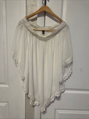 Off-Shoulder White Lace-Trim Peasant Tunic